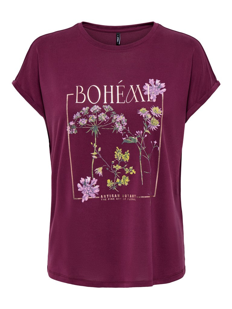 A women's short-sleeve t-shirt in deep burgundy, featuring a botanical graphic with the word 'BOHÉMIA' and purple, pink, and yellow flowers framed by gold lines.