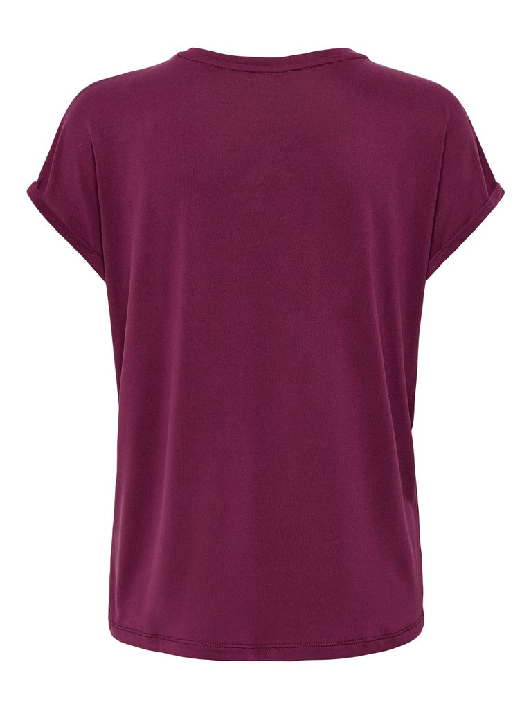 A short-sleeve crewneck t-shirt in a deep plum or burgundy color, shown from the back against a plain white background.