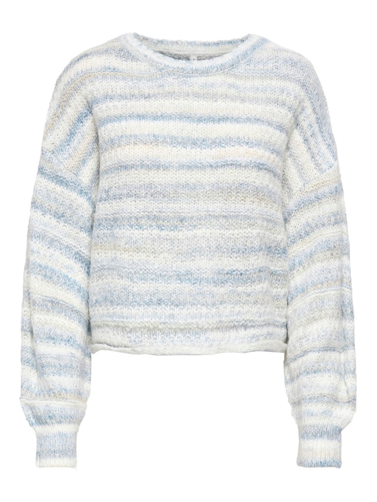 A long-sleeve knit sweater with horizontal stripes in light blue, white, and beige, shown against a plain white background.