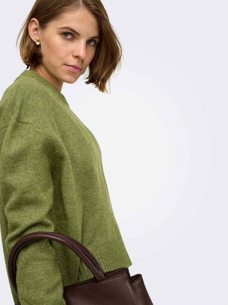A woman wearing a textured olive green knit sweater and holding a dark brown leather handbag, photographed against a clean white studio background.