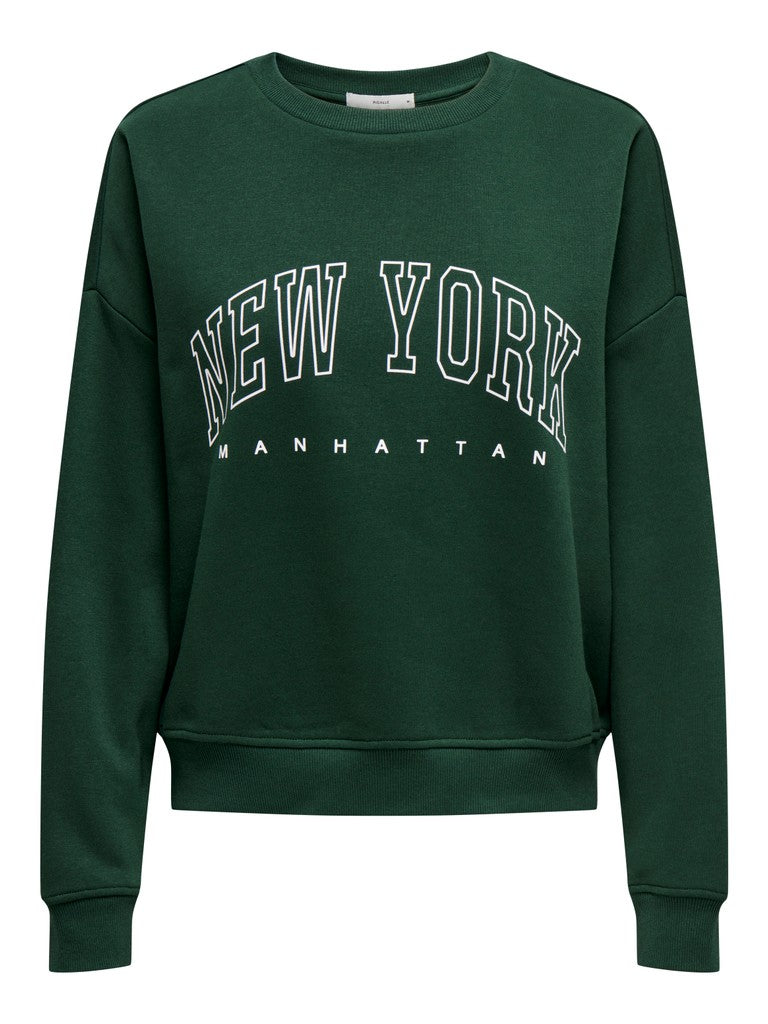 A dark green crewneck sweatshirt with 'NEW YORK' and 'MANHATTAN' printed in white arched block letters across the chest, displayed on a solid white background.