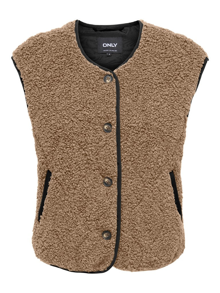 A sleeveless brown sherpa fleece vest with black trim, button closure, and side pockets, shown on a plain white background.