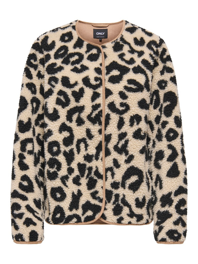 A beige sherpa fleece jacket with a black leopard print pattern, featuring a tan zipper and trim, shown against a plain white background.