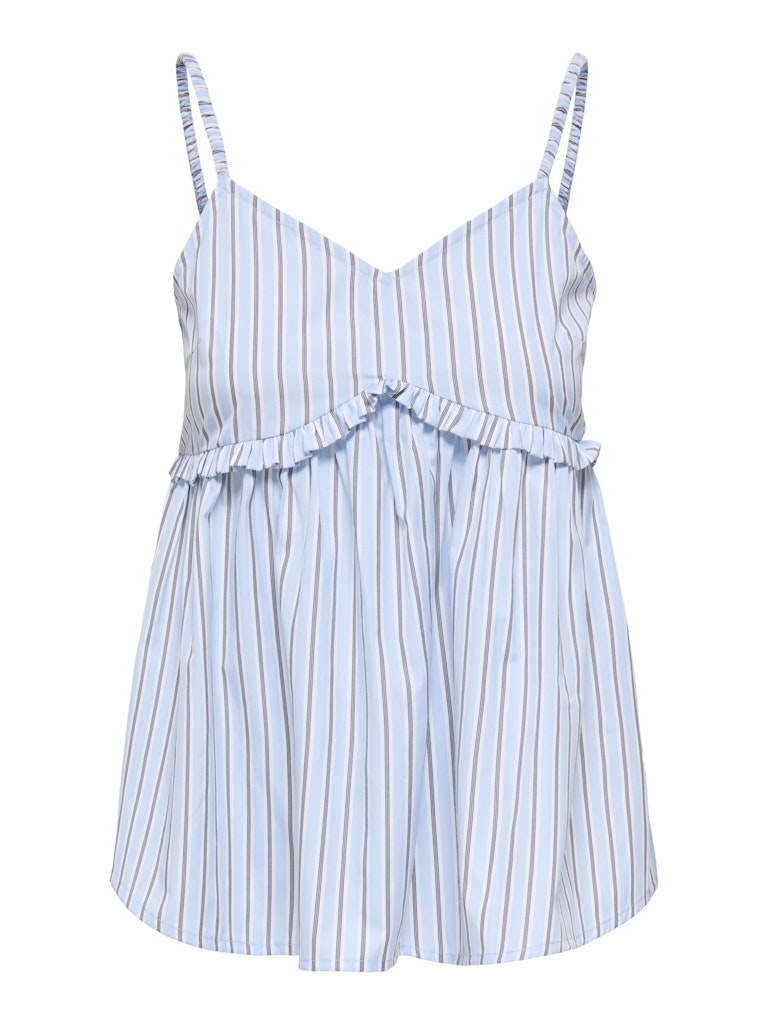 Light blue and white striped top on a white background