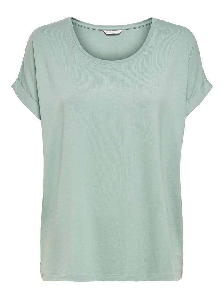 A light sage green short-sleeve t-shirt with a wide scoop neckline, displayed against a plain white background.