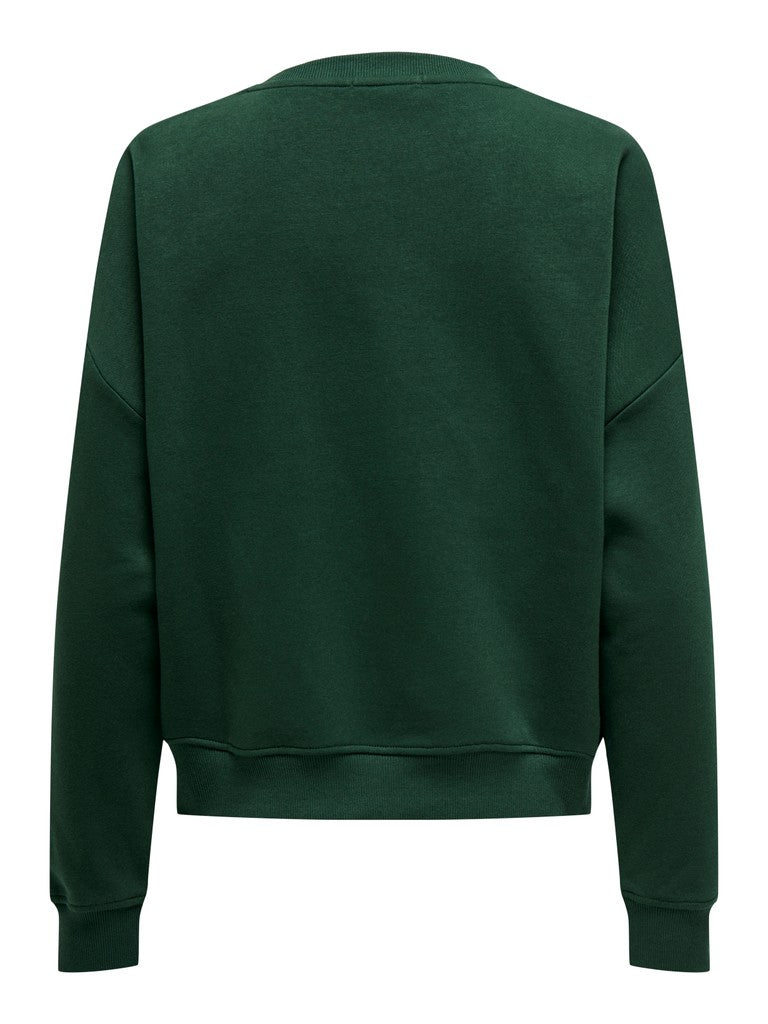 A dark forest green crewneck sweatshirt shown from the back, featuring a relaxed fit with dropped shoulders and ribbed cuffs and hem, set against a plain white background.