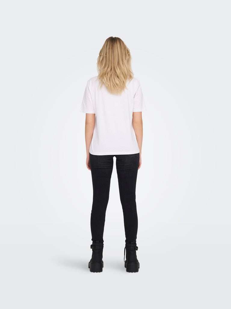 Person wearing a white t-shirt and black pants on a white background