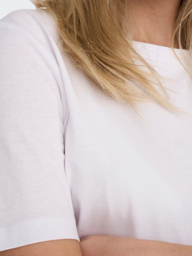 Close-up of a person wearing a white t-shirt with a blurred background