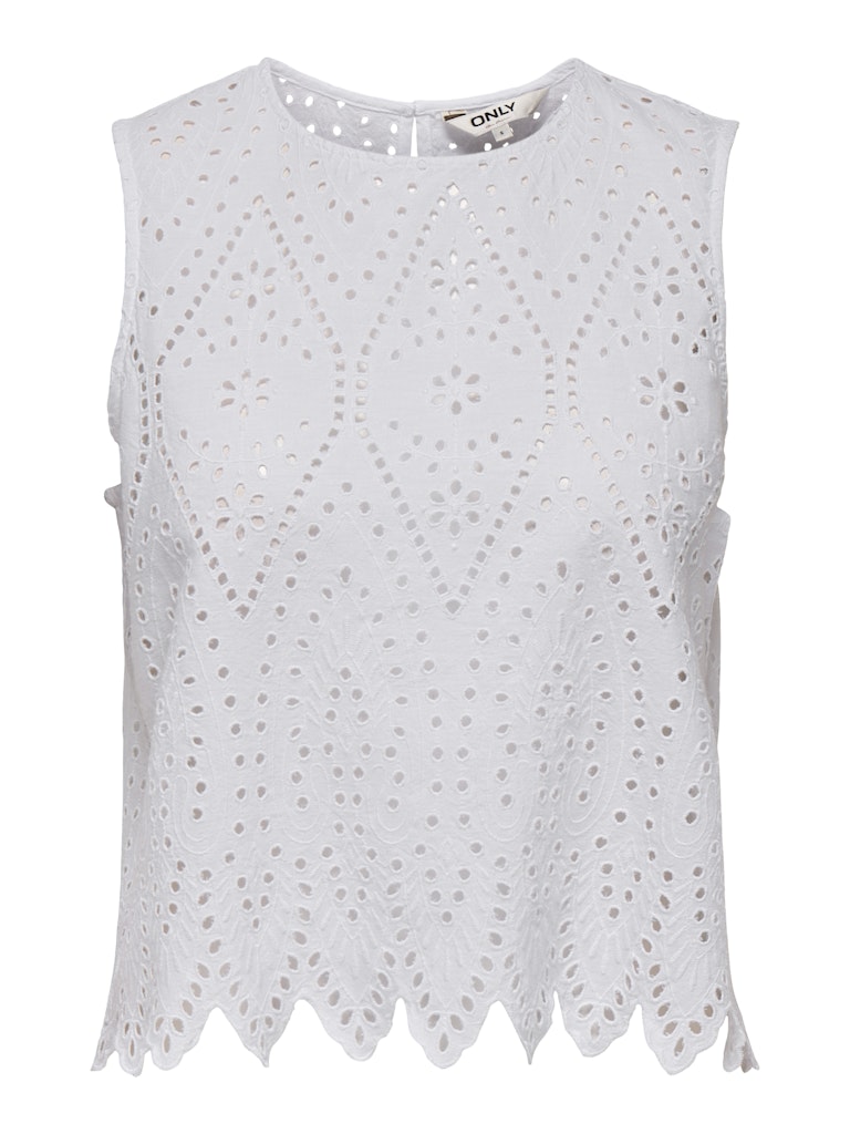 White sleeveless top with eyelet details on a white background