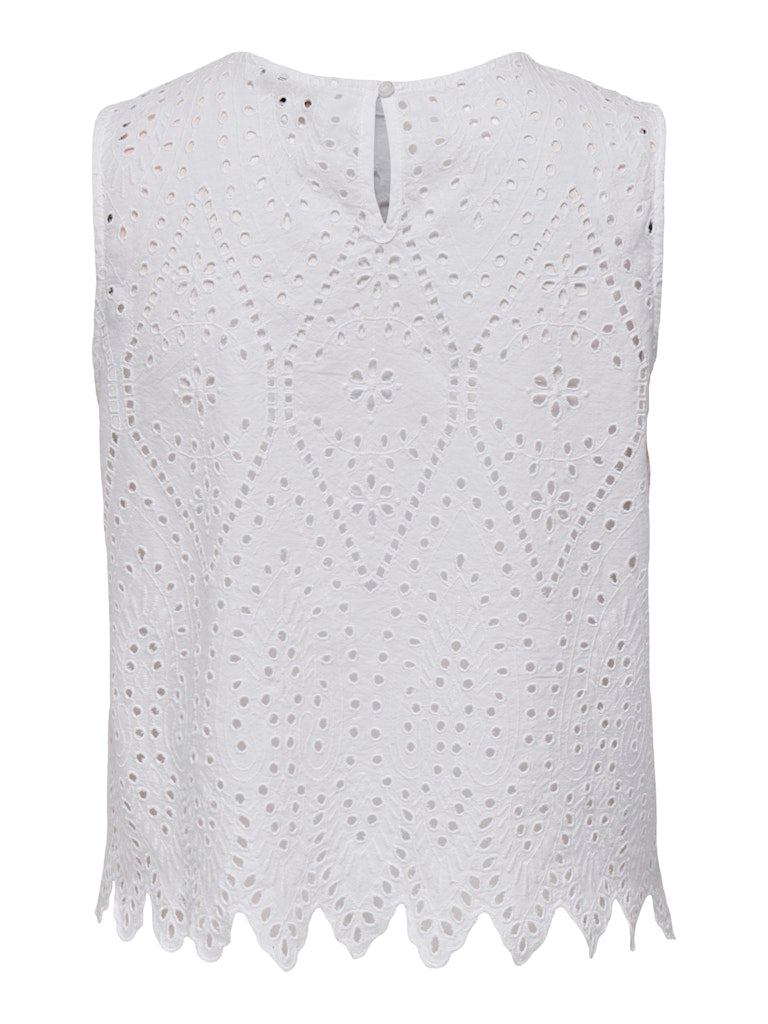 White sleeveless top with lace detailing on a white background