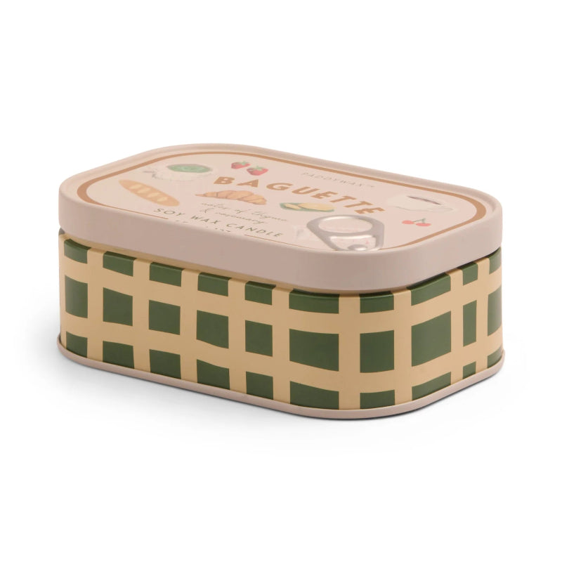 Rectangular tin box with checkered pattern and 'Baguette' text on a white background