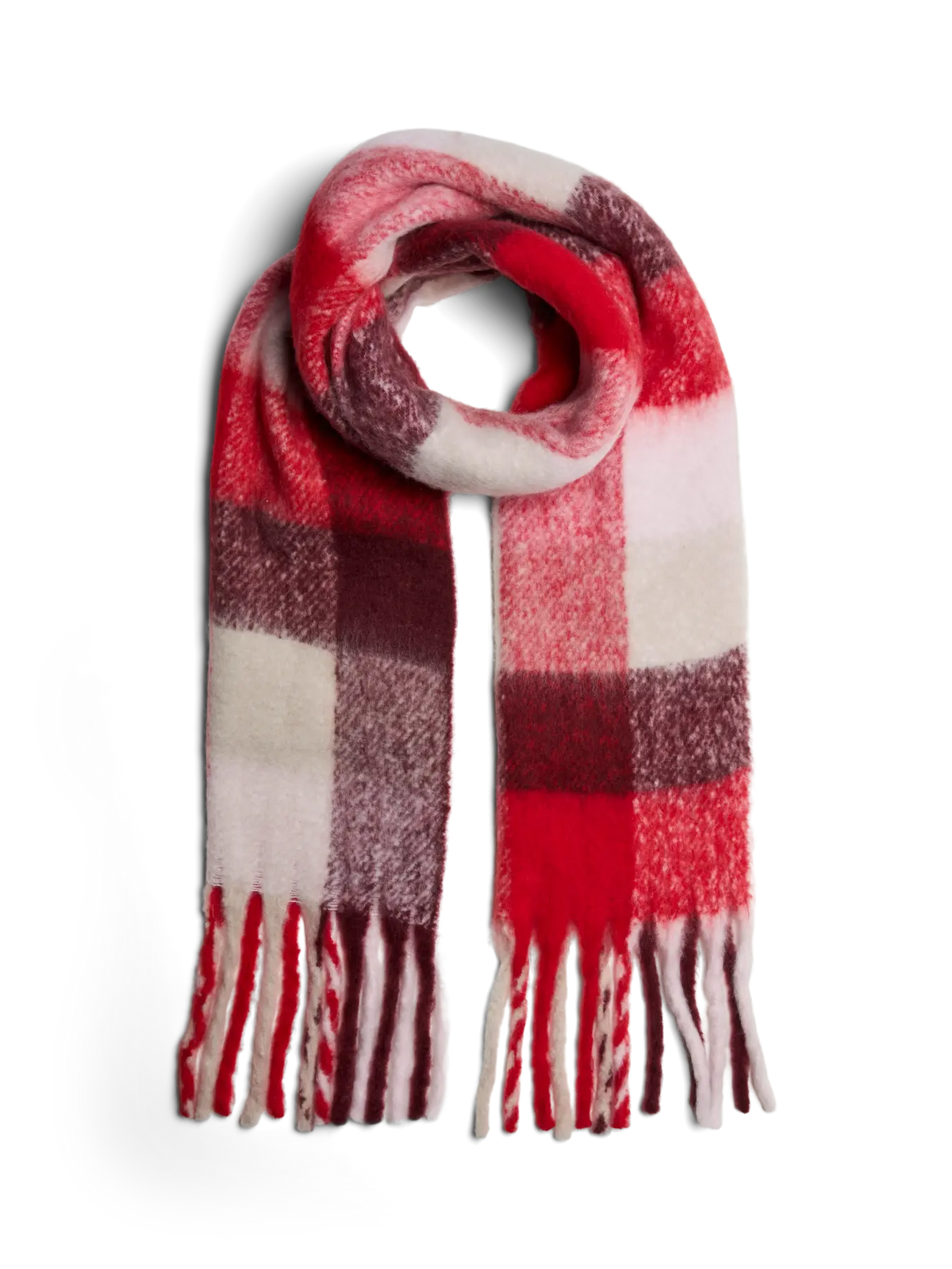 Pieces Bea Long Scarf Tawny Port Red and white checkered scarf on a white background