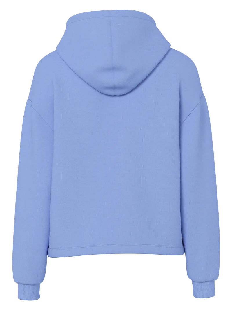 Pieces Chilli Glitter Hoodie Hydrangea Blue shown from the back on a white background