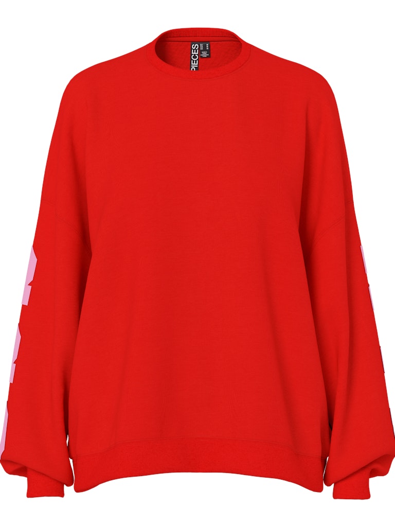 Red sweatshirt with a brand label on a white background