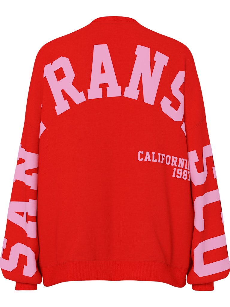 Red sweatshirt with pink text on a white background