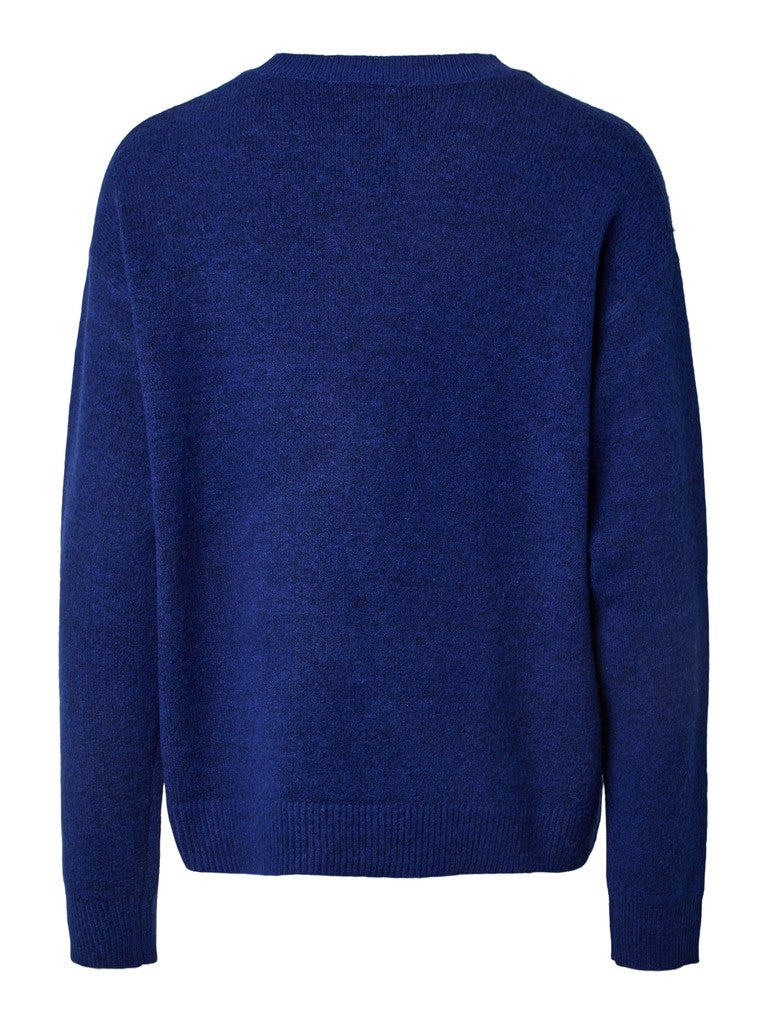 A dark blue heathered knit sweater shown from the back, featuring a crew neck and ribbed hem and cuffs, set against a plain white background.