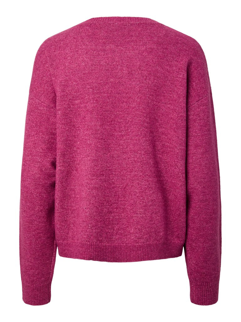 A heathered magenta pink knit sweater shown from the back, featuring a crew neck and ribbed cuffs and hem, set against a plain white background.