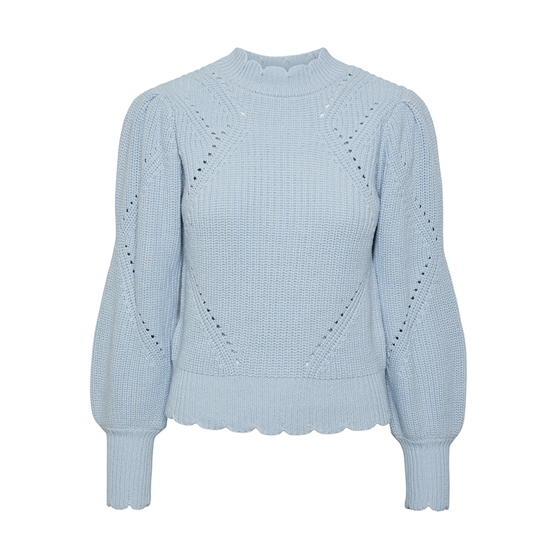 Pieces Fiola jumper in pale blue with puff sleeves