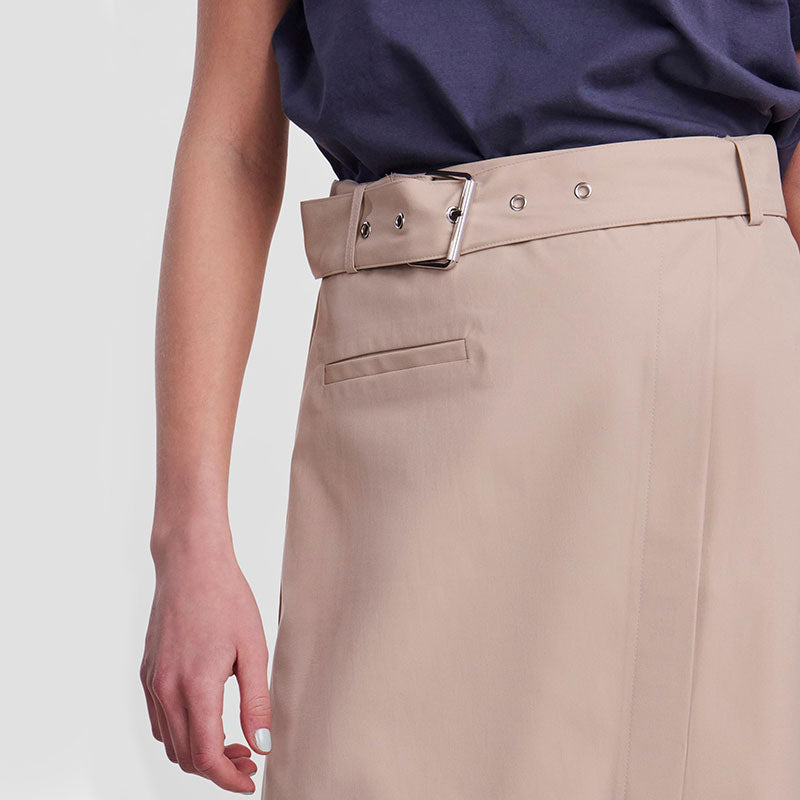 beige asymmetric skirt with chunky belt detail