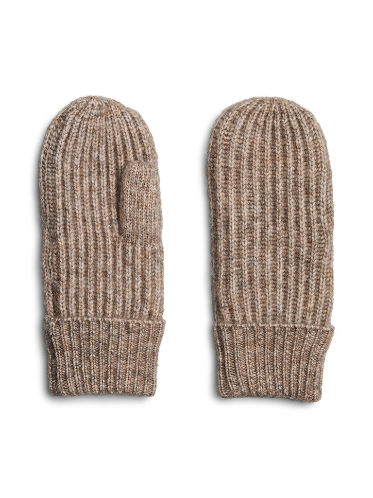 Pair of brown knit mittens on a white background
