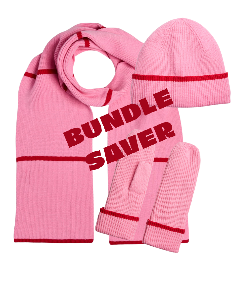 Pink scarf, beanie, and mittens set with 'BUNDLE SAVER' text on a white background