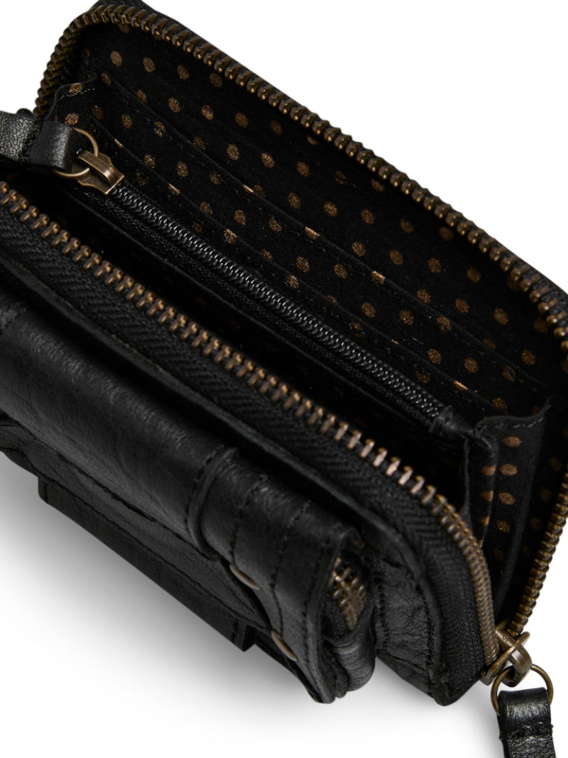 Black leather handbag with gold zipper on a white background