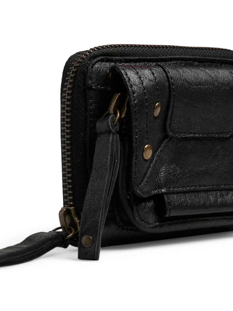 Black leather wallet with a strap on a white background