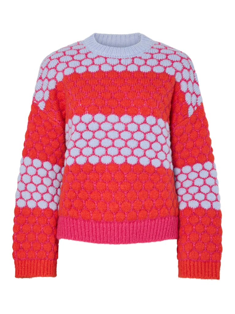 Pieces Janel Knit Jumper Red and pink patterned sweater on a white background