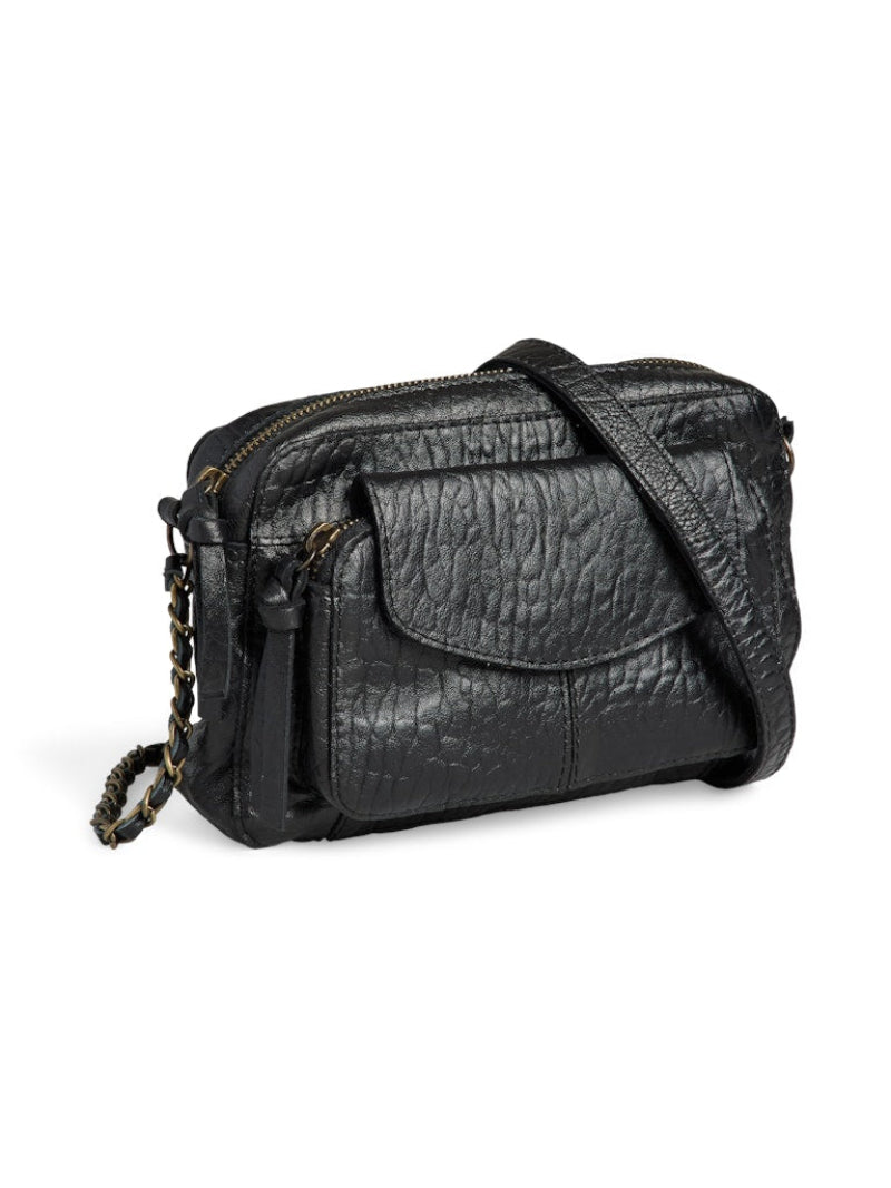 Black leather crossbody bag on a white background