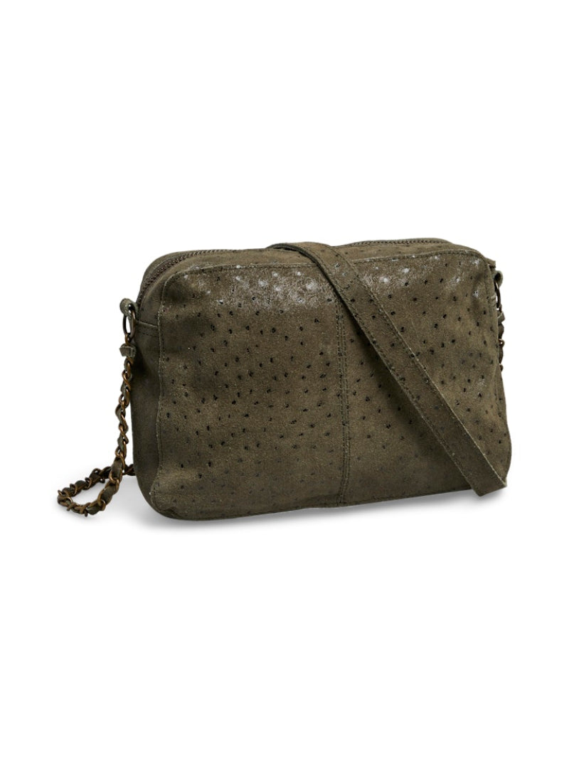 Green leather crossbody bag with chain detail on a white background