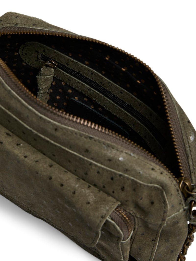 Close-up of a textured green bag with a zipper