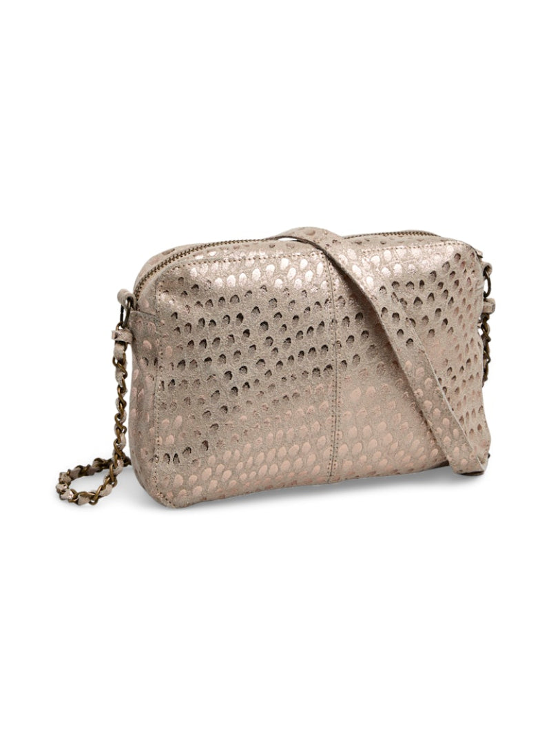 Metallic handbag with chain detail on a white background