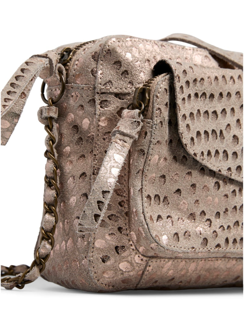 Perforated handbag with chain detail on a white background