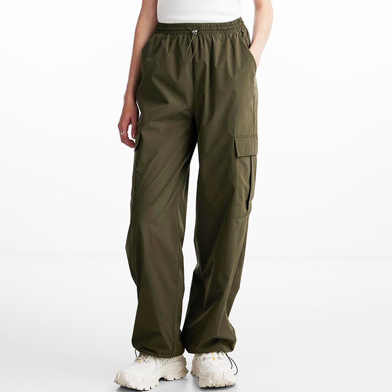 womens green cargo pants with elastic waist and drawstring ankles