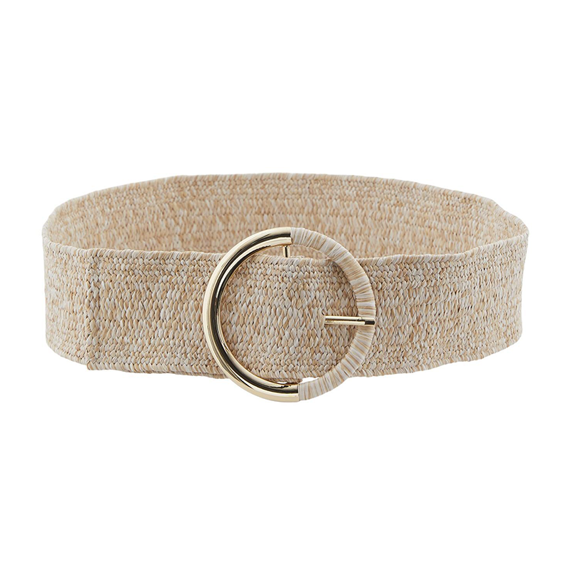 Pieces womens belt in natural straw, wide with round buckle