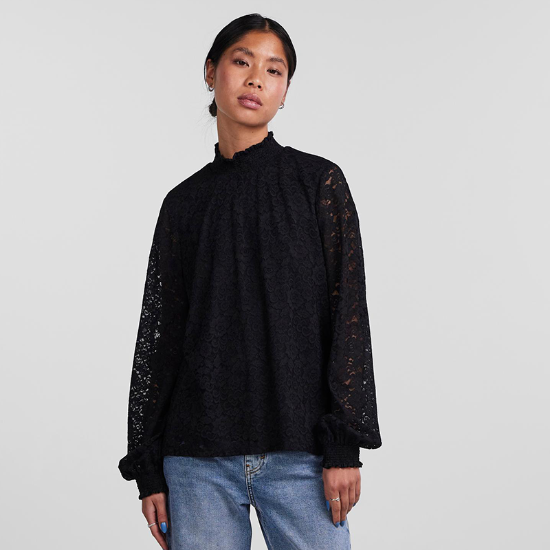 Pieces high neck lace top in black