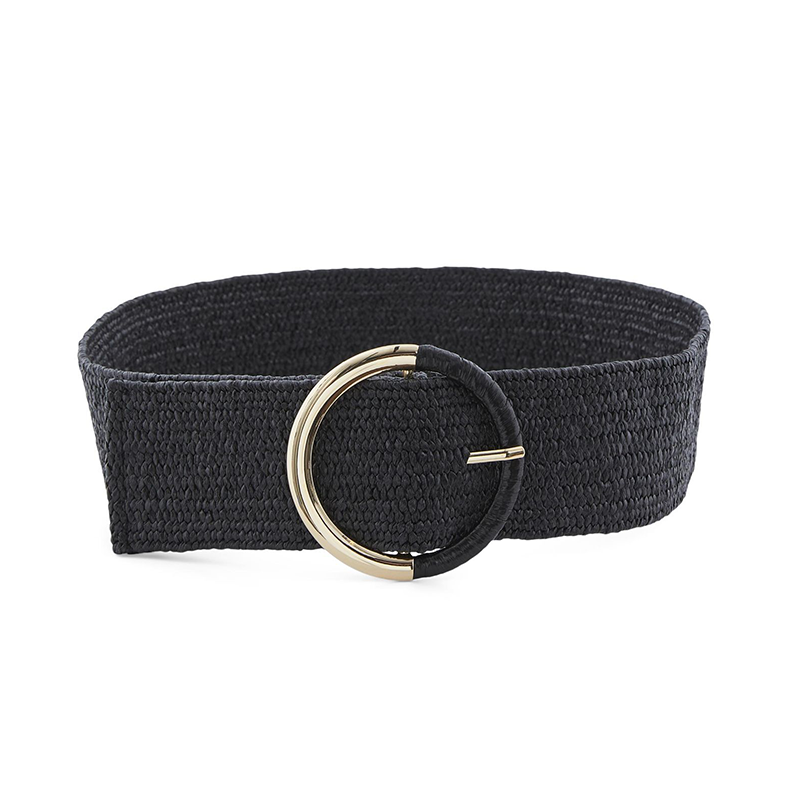 ladies belt wide black woven texture with round buckle