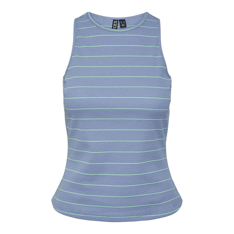 ladies blue tank top with green stripes by Pieces 