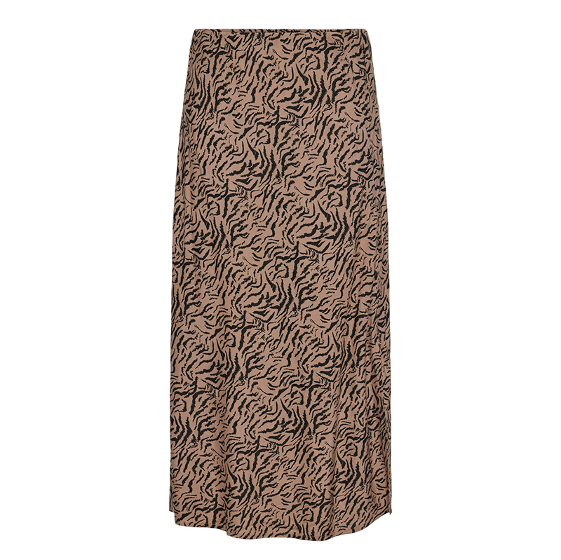 womens long skirt in taupe and black animal print