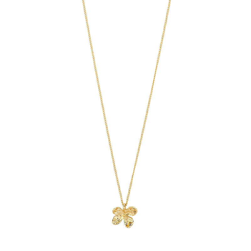 Gold necklace with a clover-shaped pendant on a white background