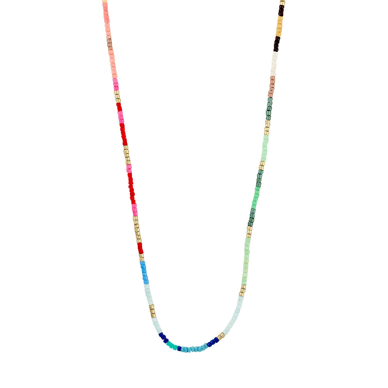 Multicolored beaded necklace on a white background