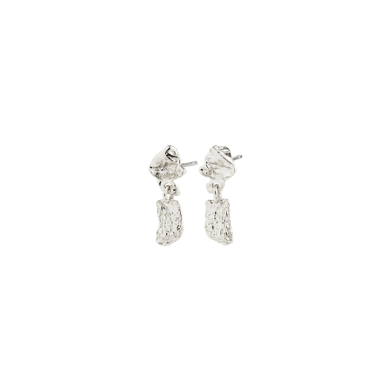 Pair of silver earrings with clear gemstones on a white background