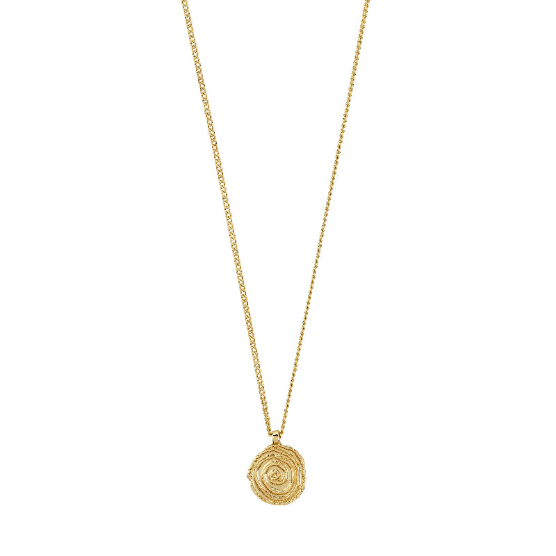Gold necklace with a round pendant on a white background