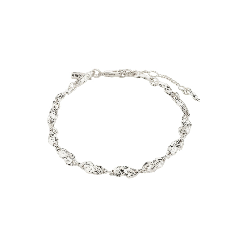 Close up of a silver bracelet on a white background