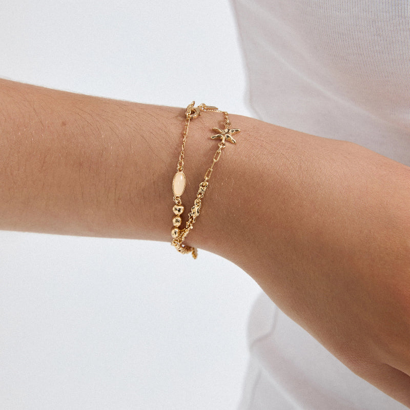 close up of a gold bracelet on a persons wrist on a white background
