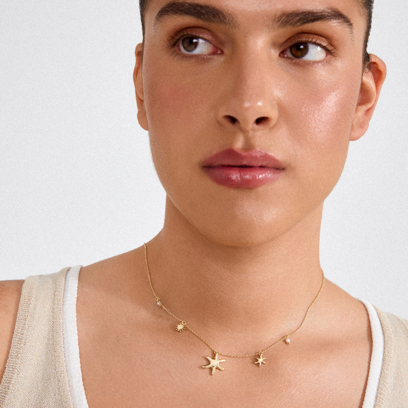 Close-up of a person wearing a gold necklace with star pendants on a plain background