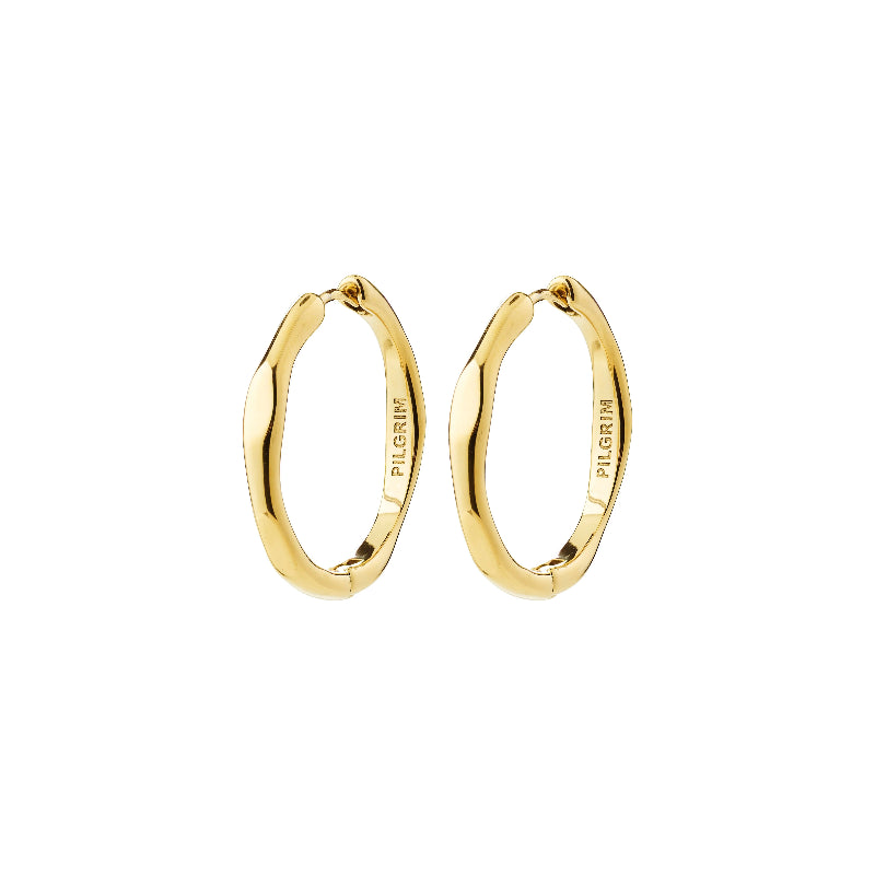 A pair of gold-plated wavy hoop earrings with the brand name 'PILGRIM' engraved on the inside, shown against a plain white background.