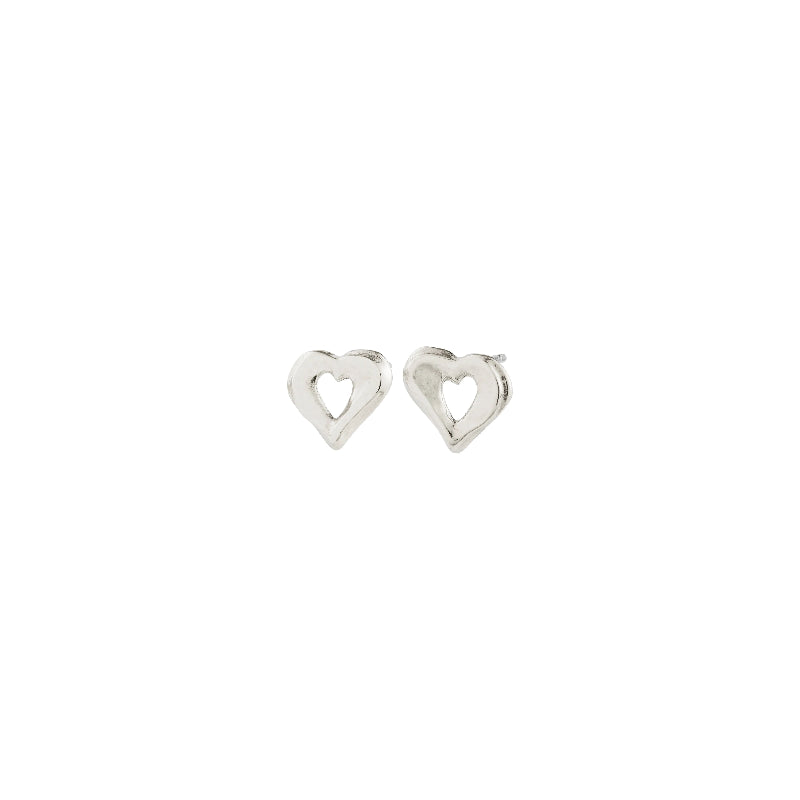 A pair of silver heart earrings on a white background