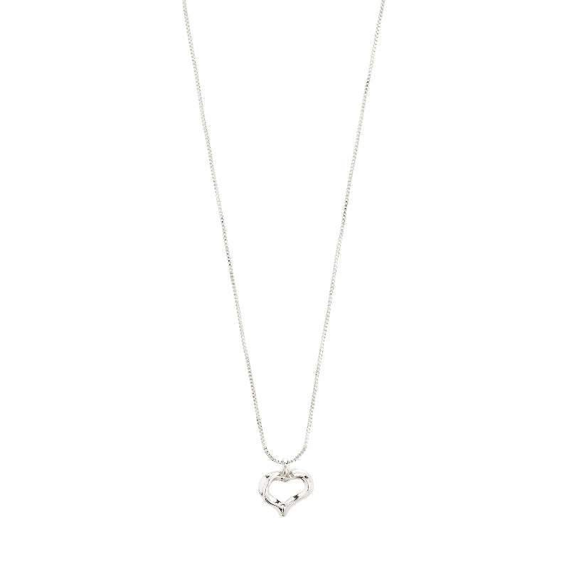 A silver heart necklace on a white background