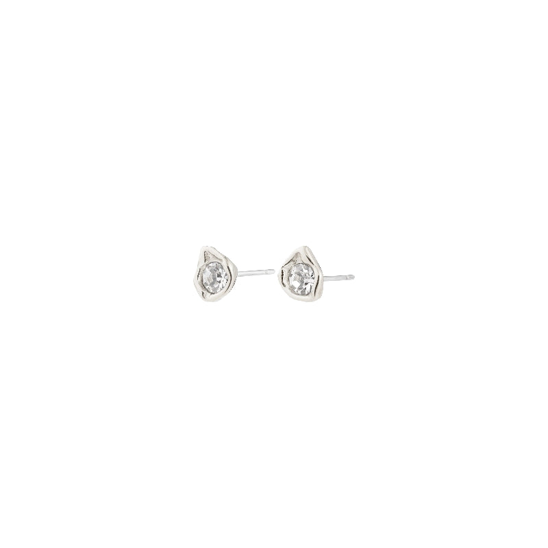 Pair of silver stud earrings on a white background